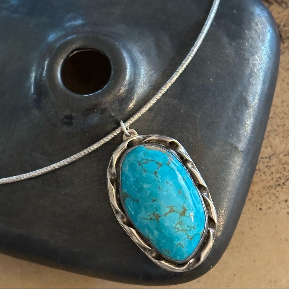 Vintage Old Pawn Sterling Silver Large Turquoise Pendant Necklace Snake Chain